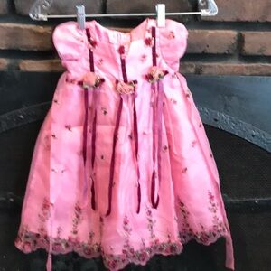 Biscotti Pink Floral Embroidered Dress with Rosette Accents